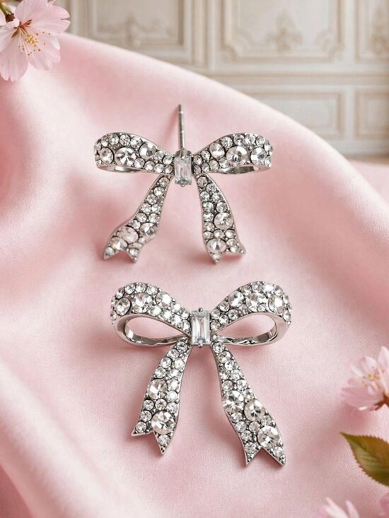 Jewelry - Silver Crystal Bow Stud Earrings Rhinestone Ribbon Bow Coquette Sparkly